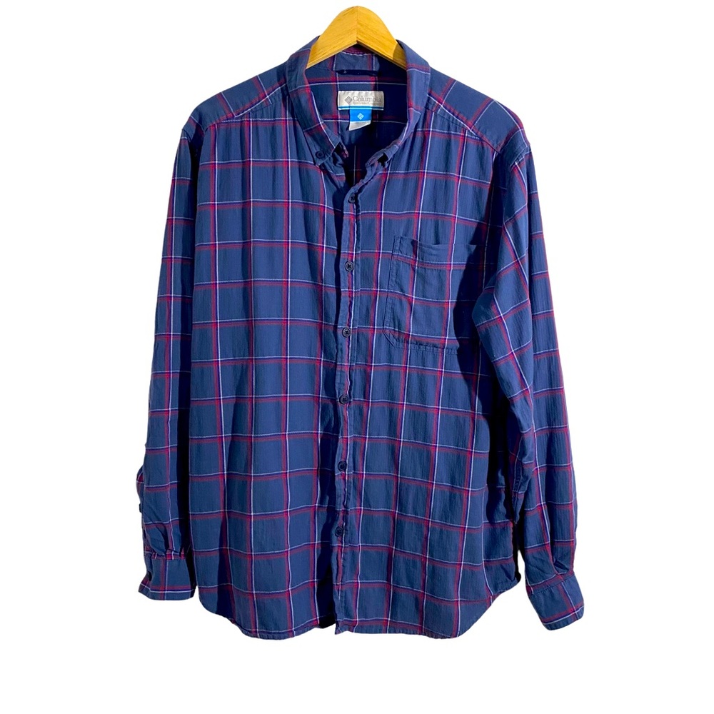 Columbia Men’s Blue, Red& White Plaid Button Down Shirt, Size Large